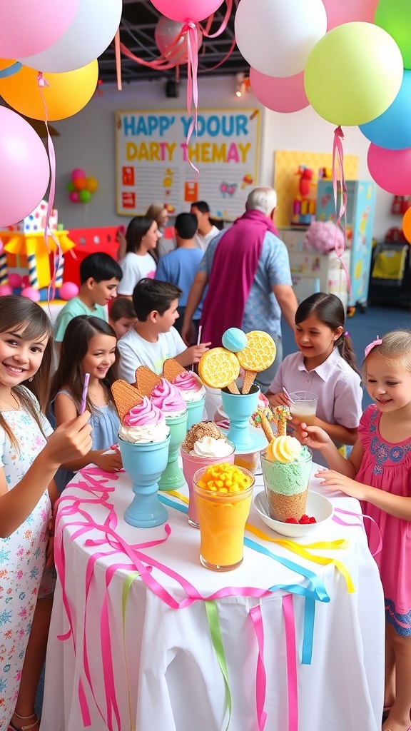 A colorful ice cream birthday party with an ice cream bar, balloons, and happy guests.
